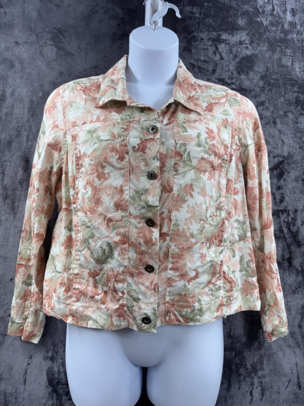 Saint Tropez West Women's 1X Linen Floral Jacket Button Front Cottagecore